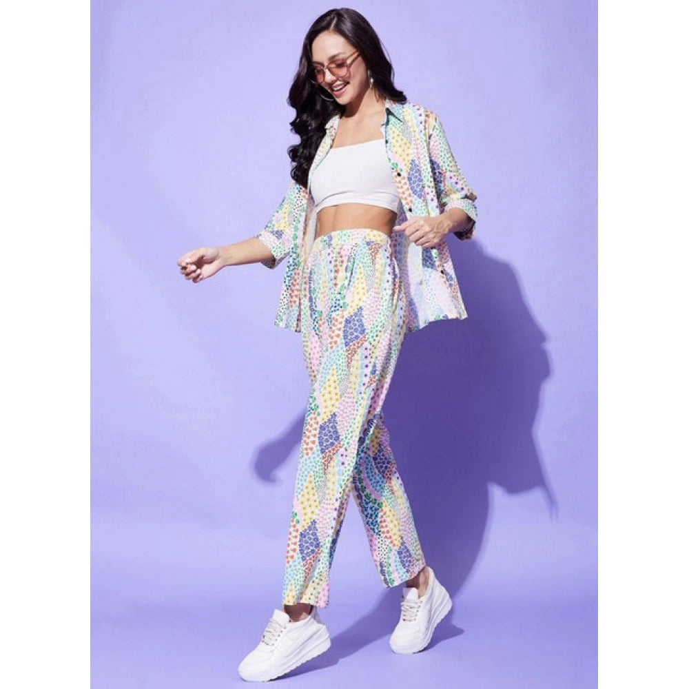 Multicolor polyester floral 3/4th sleeve co-ord set for women, showcasing shirt collar neck and full length design with slip-on and button closure