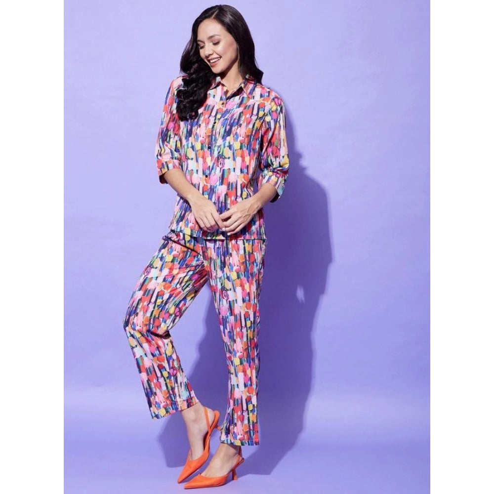 Multicolor polyester floral 3/4th sleeve women's co-ord set, slip-on and button, full length pants