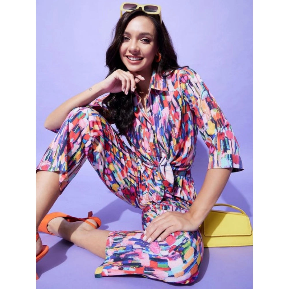 Women's multicolor polyester floral 3/4th sleeve co-ord set, stylish and comfortable women's outfit with shirt collar neck, 3/4th sleeves, slip-on and button closure, and full length pants
