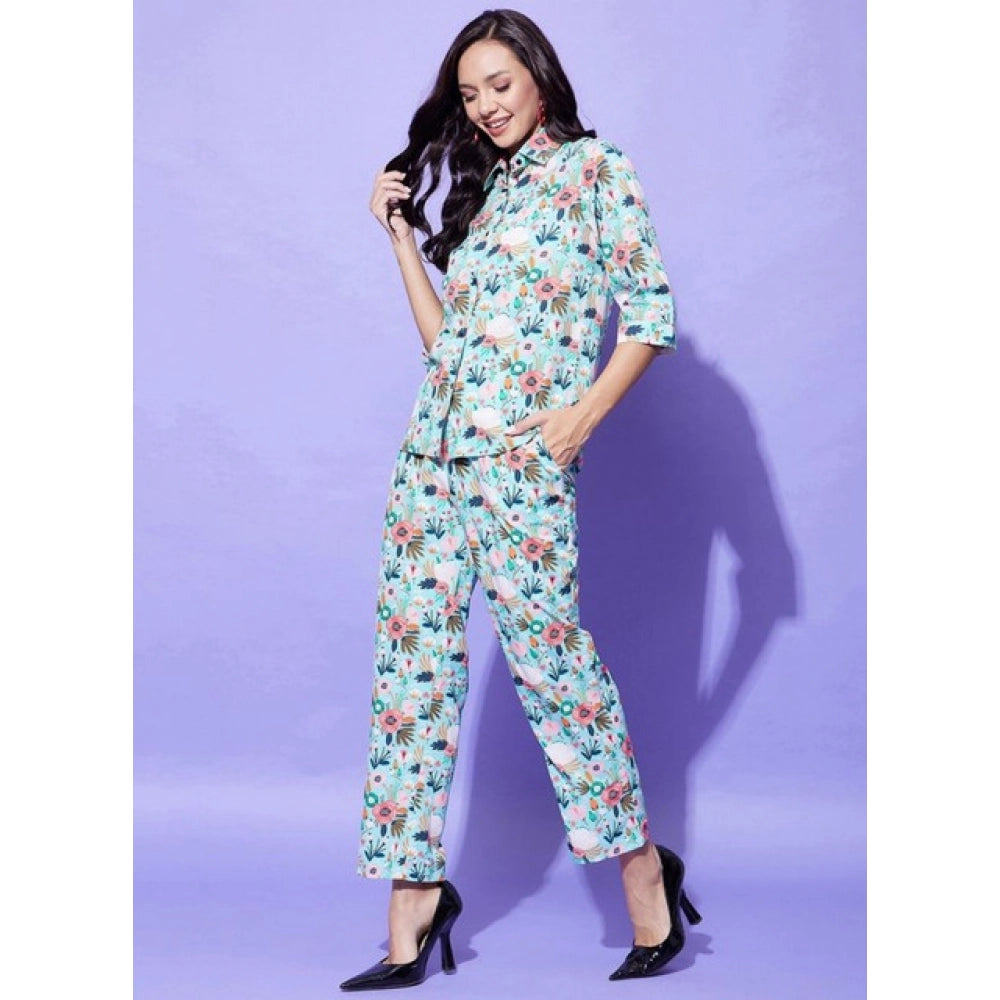 Women's multicolor polyester floral 3/4th sleeve co-ord set, featuring shirt collar neck and full length bottom pant style