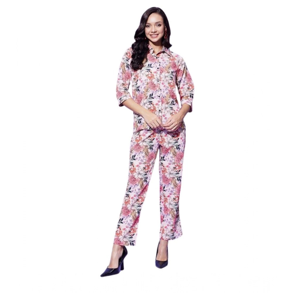 Multicolor polyester floral women's co-ord set: 3/4th sleeve shirt with slip-on and button pant