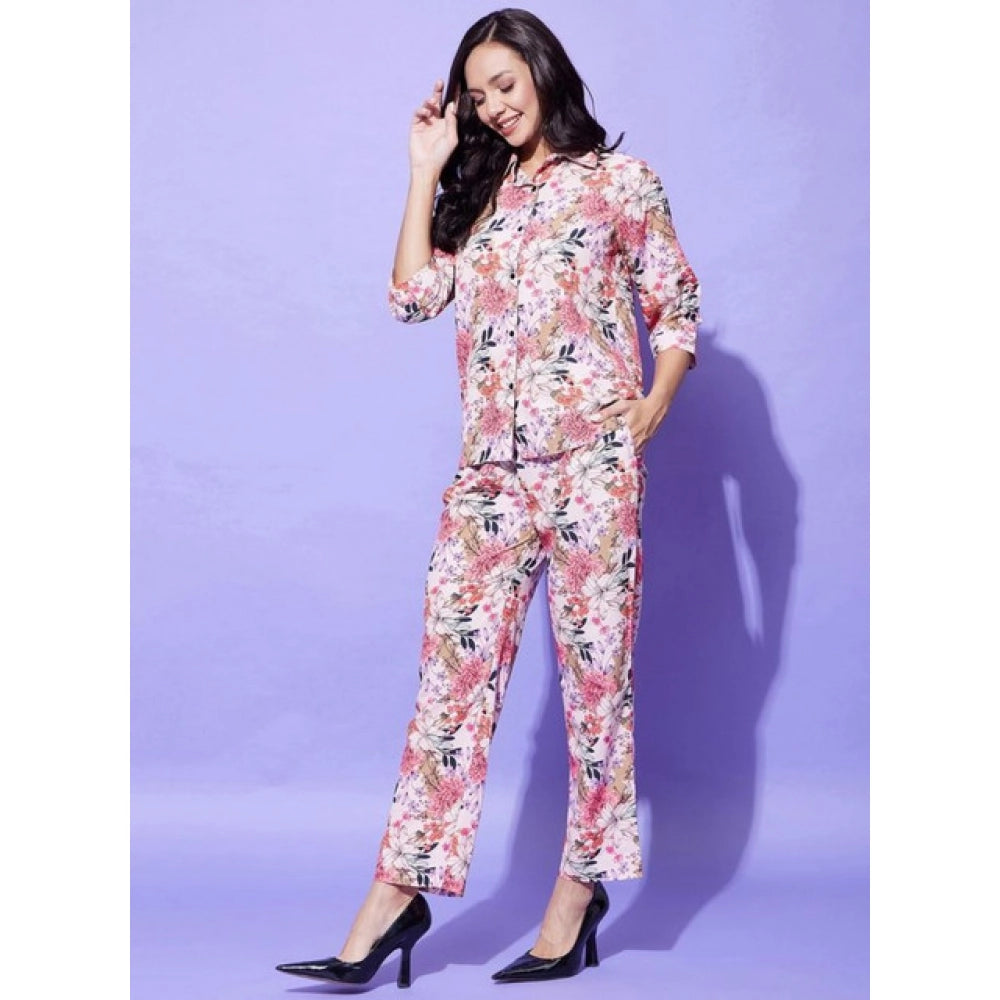 Multicolor polyester floral 3/4th sleeve women's co-ord set, shirt collar neck, full length with slip-on and button closure