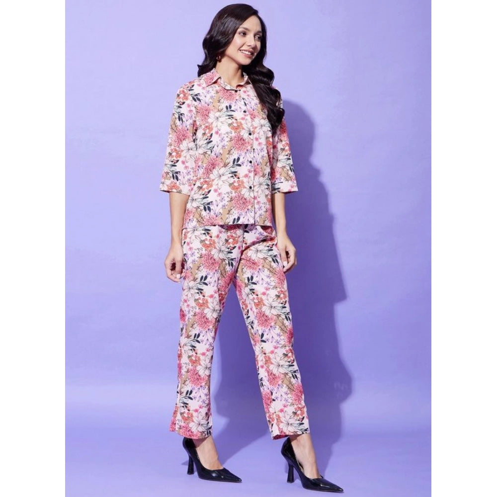 Women's multicolor polyester floral 3/4th sleeve co-ord set with slip-on & button closure, featuring a shirt collar neck and pant bottom style