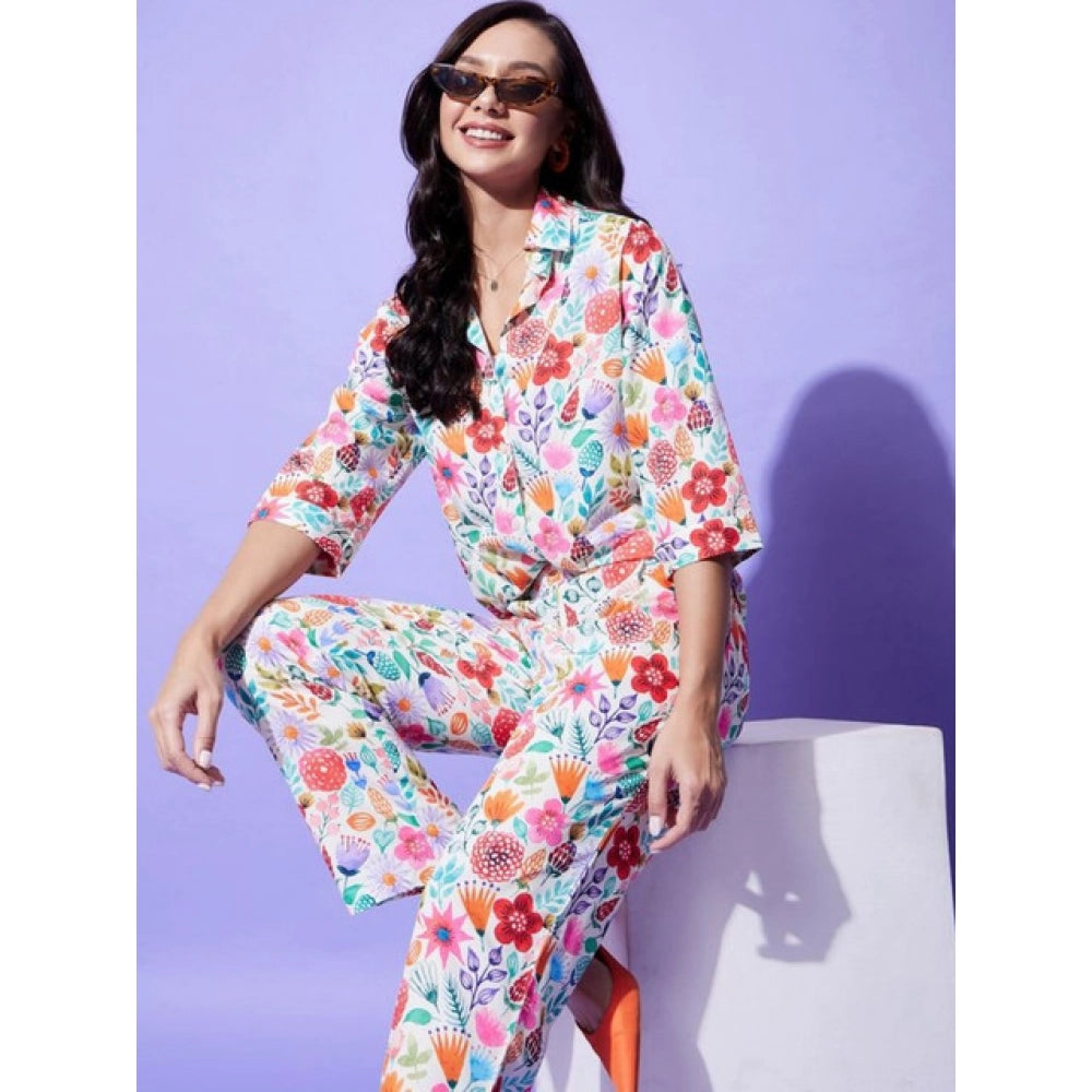 Women's multicolor polyester floral 3/4th sleeve co-ord set on mannequin, featuring shirt collar neck and slip-on & button closure pants