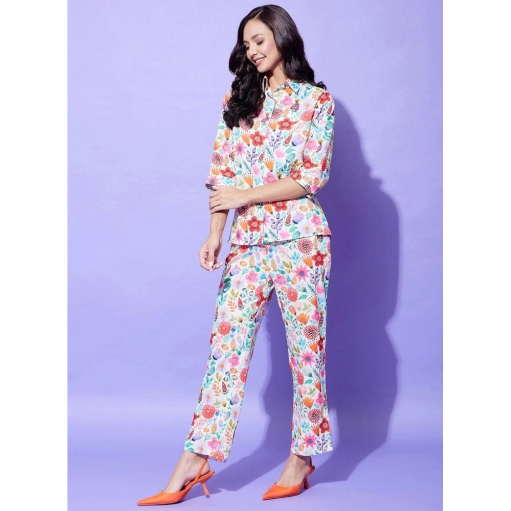 Women's multicolor floral polyester 3/4th sleeve co-ord set, stylish and vibrant women's fashion on display stand