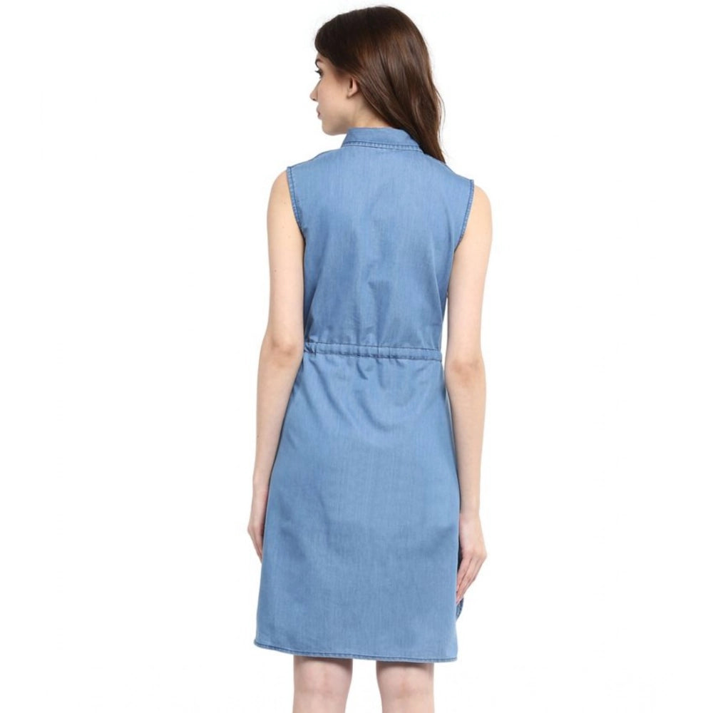 Blue denim women's sleeveless solid dress with shirt collar neck and zip closure