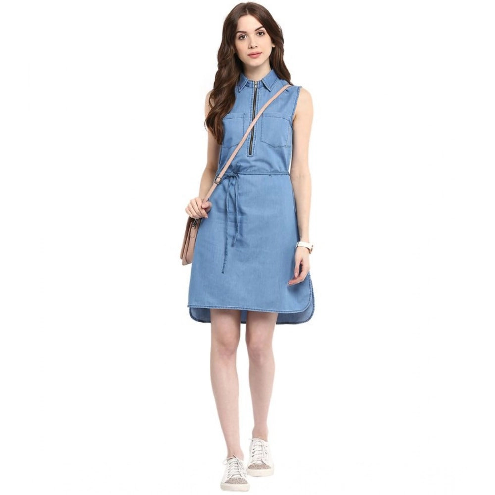 Blue denim women's sleeveless dress with shirt collar neck, zip closure, solid pattern, above-knee length