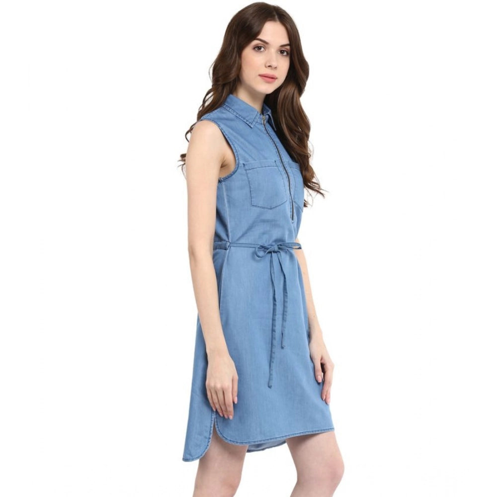 Blue denim sleeveless dress with shirt collar neck, above-knee length, zip closure