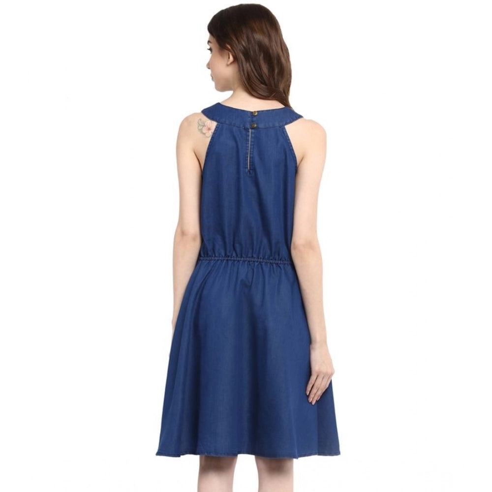 Blue denim solid sleeveless dress for women, round neck, knee length, button closure