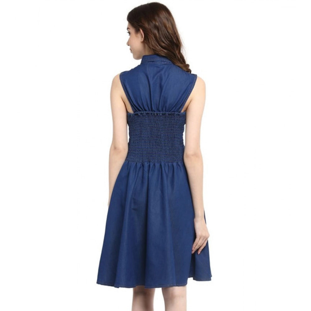 Navy blue denim solid sleeveless dress with shirt collar neck and knee length, button closure for women's casual wear