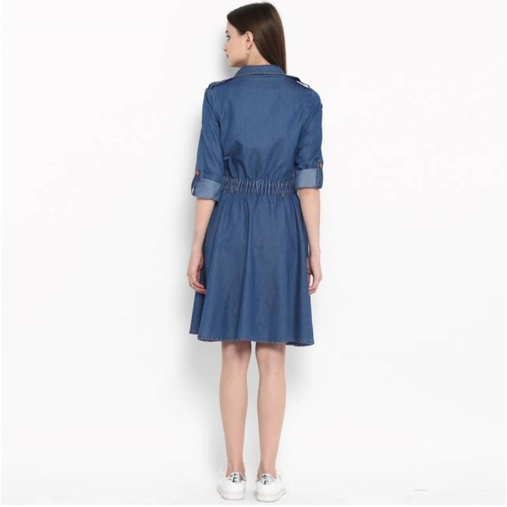 Blue denim women's roll-up sleeve solid dress with shirt collar neck and button closure, ideal for casual wear