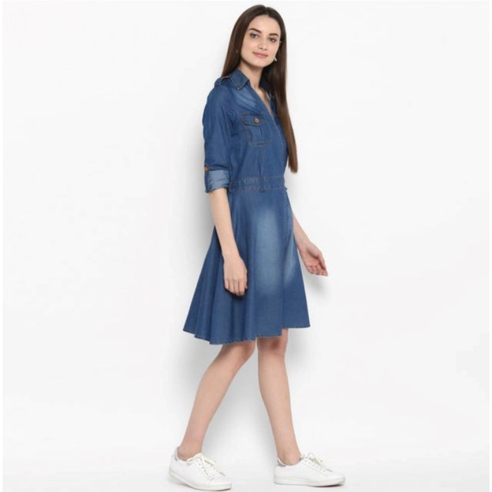 Blue denim roll-up sleeve dress with shirt collar neck and button closure