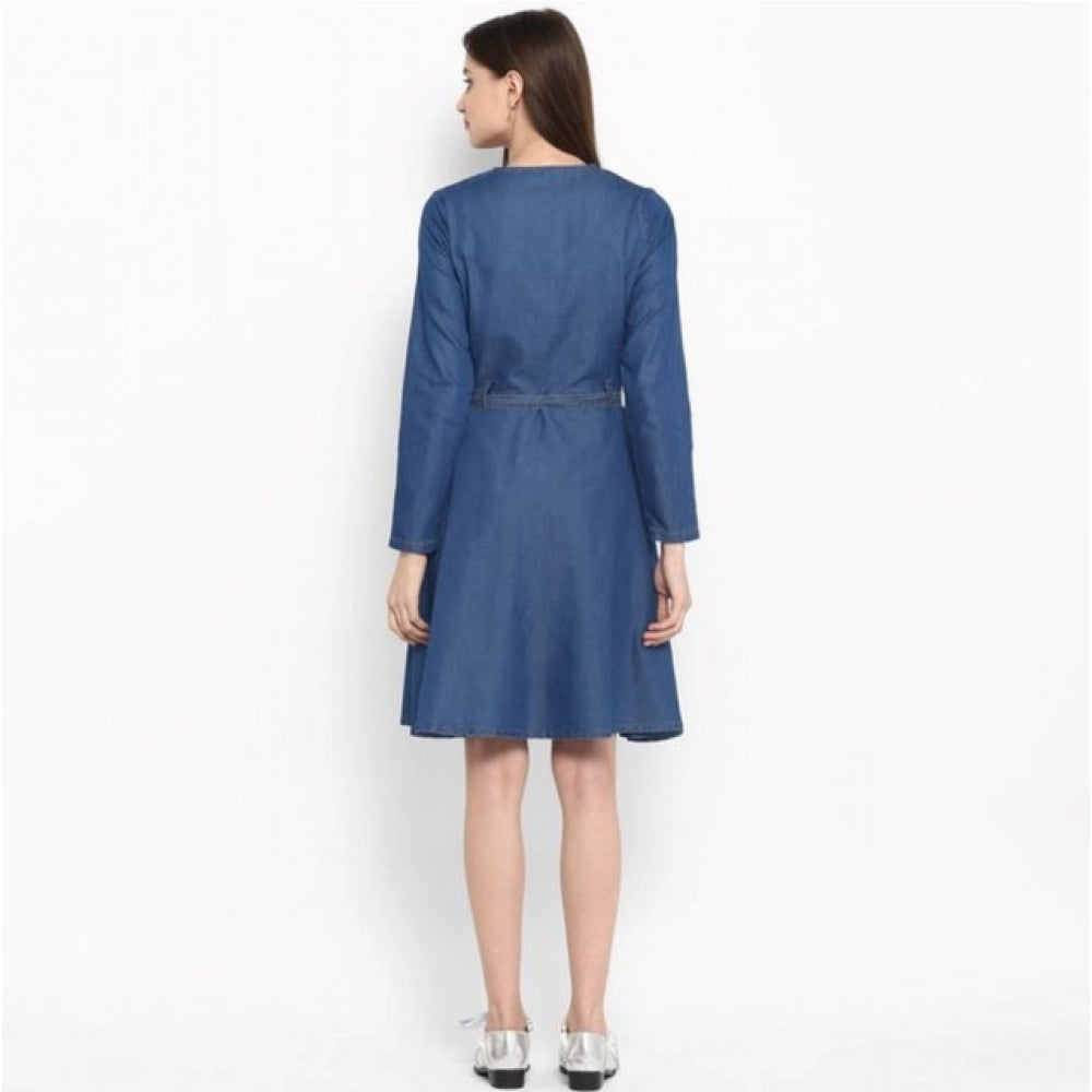 Blue denim washed regular sleeves dress, round neck, above knee length with button closure