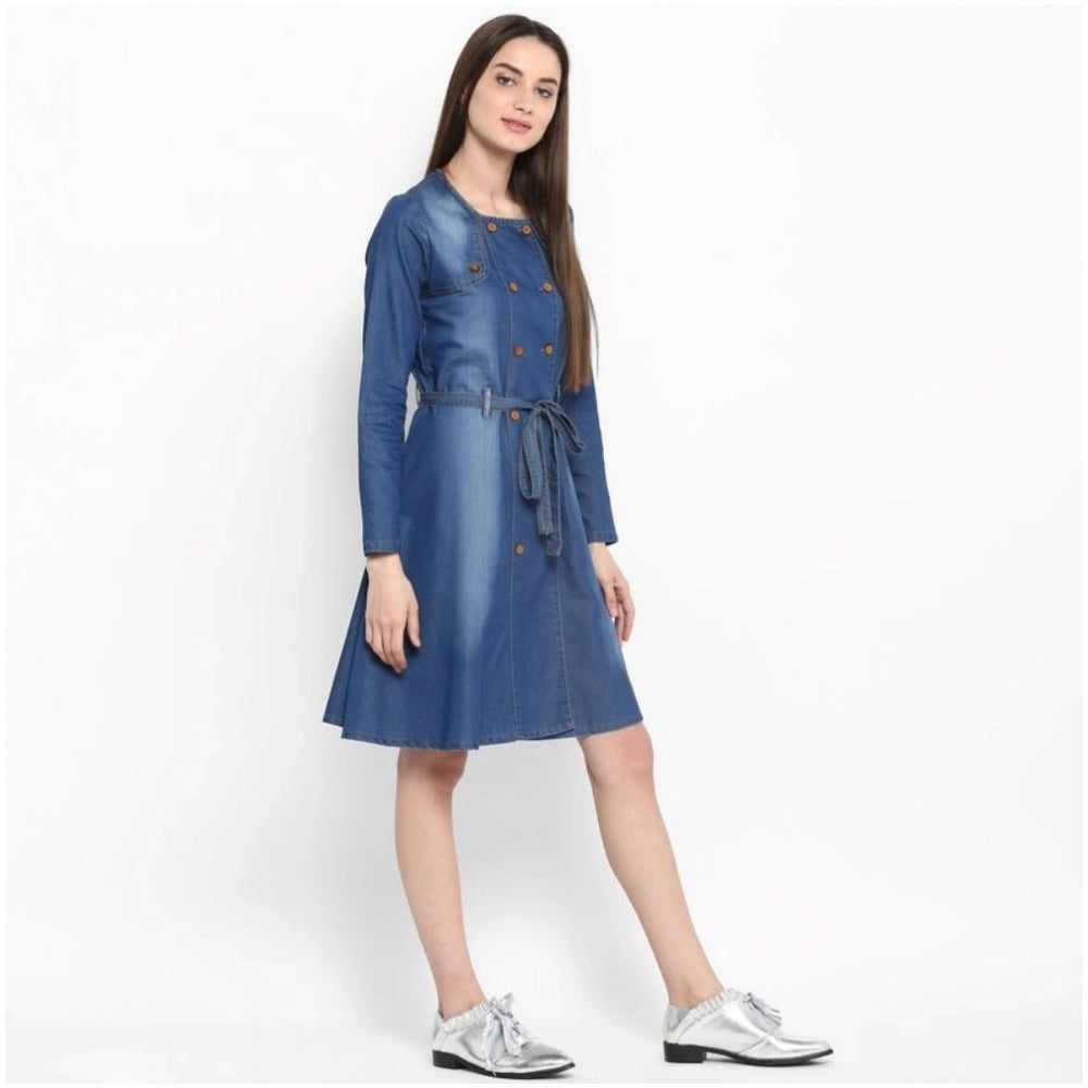 Blue denim washed regular sleeves dress with round neck, above knee length, button closure