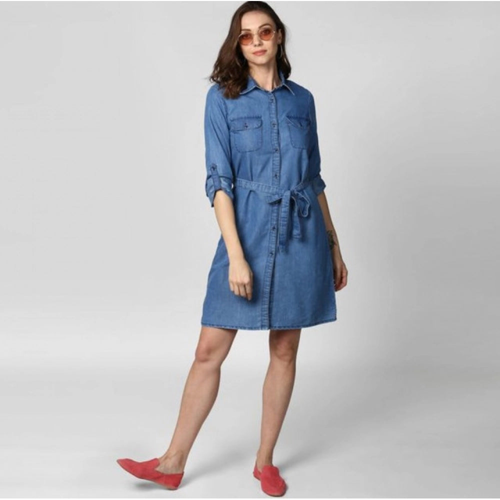 Blue denim roll-up sleeve dress, solid pattern with shirt collar neck and button closure