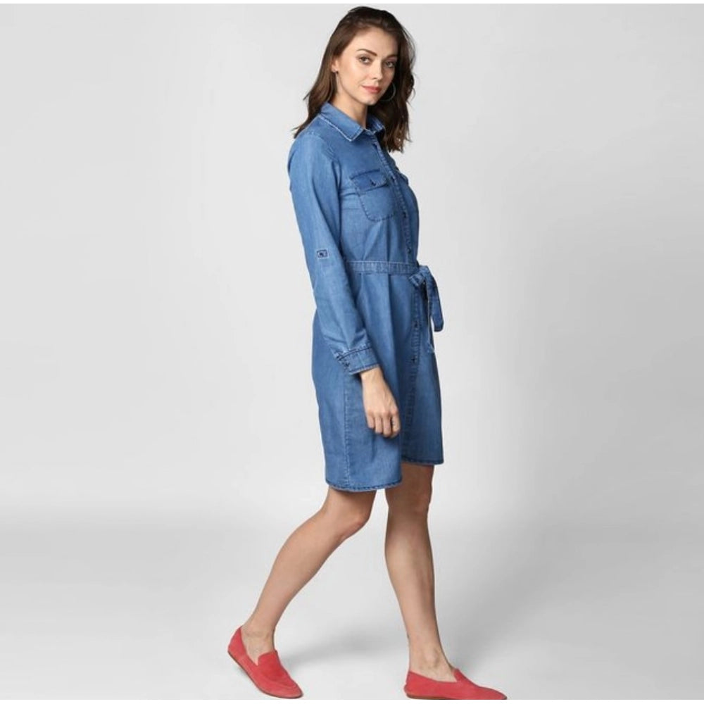 Blue denim roll-up sleeve dress with shirt collar neck, knee length, button closure