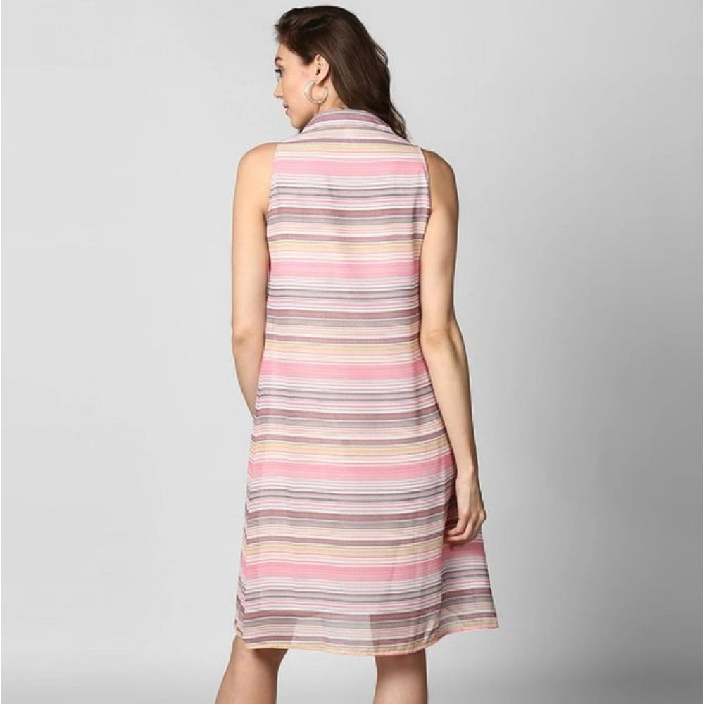 Women's pink polyester striped sleeveless dress with shirt collar neck and button closure