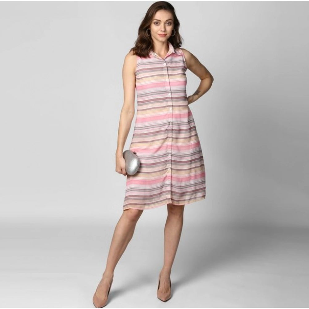 Pink striped polyester sleeveless women's dress with shirt collar neck and button closure
