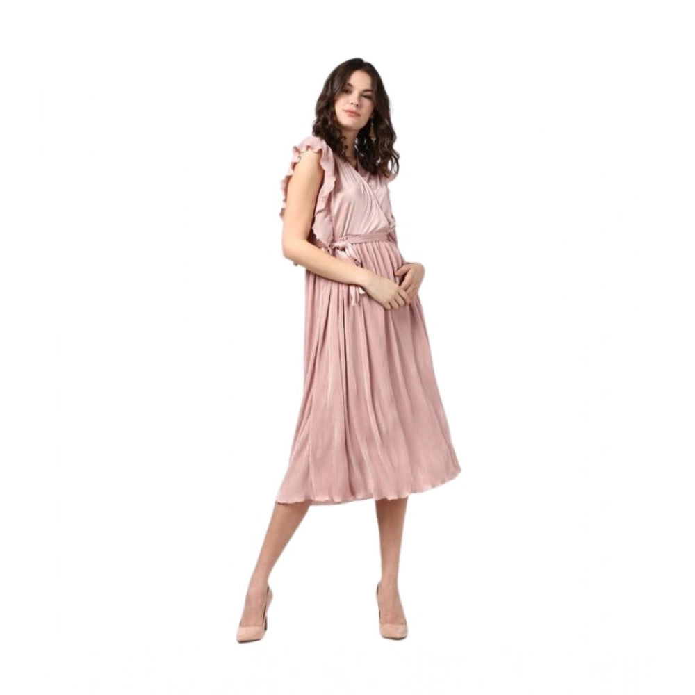 Champagne gold polyester pleated flutter dress for women on display