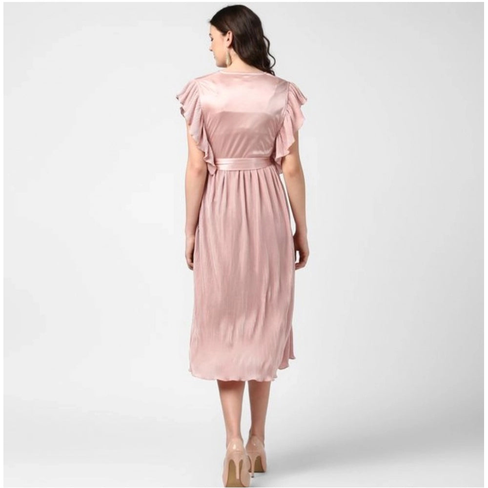 Champagne gold polyester pleated flutter dress for women, V-neck with flutter sleeves, knee length, pull on style