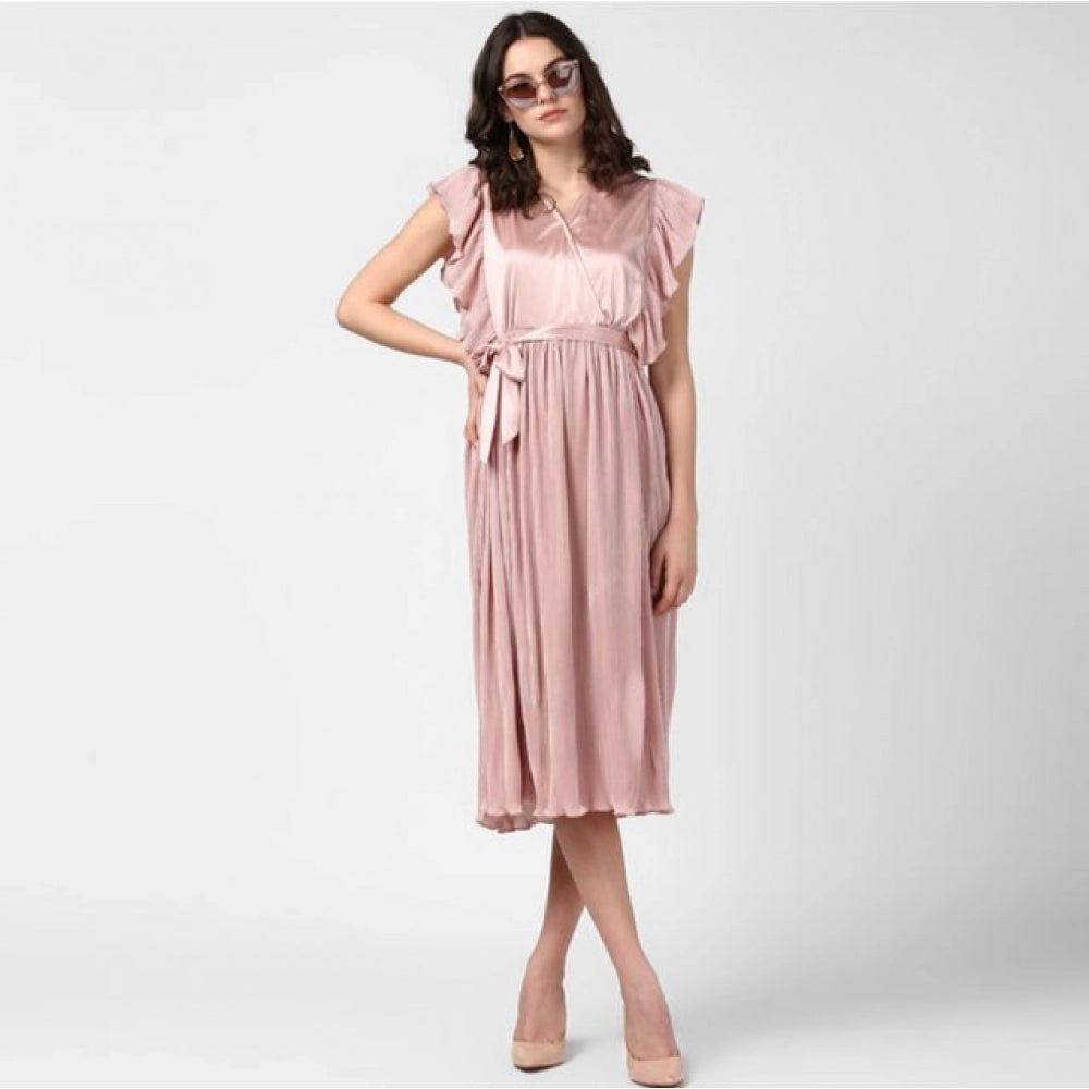 Champagne gold polyester pleated flutter dress for women on hanger, V-neck, flutter sleeves, knee length, pull-on style