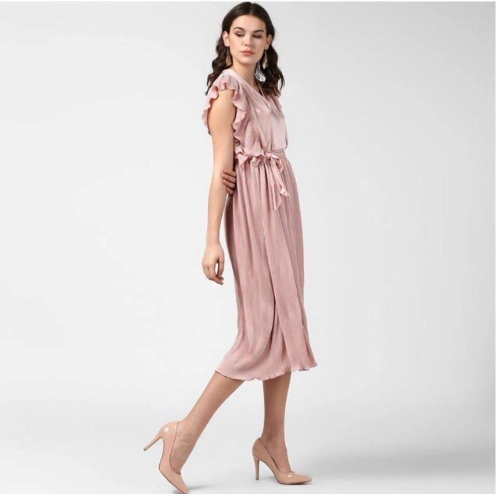 Champagne gold pleated flutter dress, knee-length women's polyester dress with V-neck and flutter sleeves