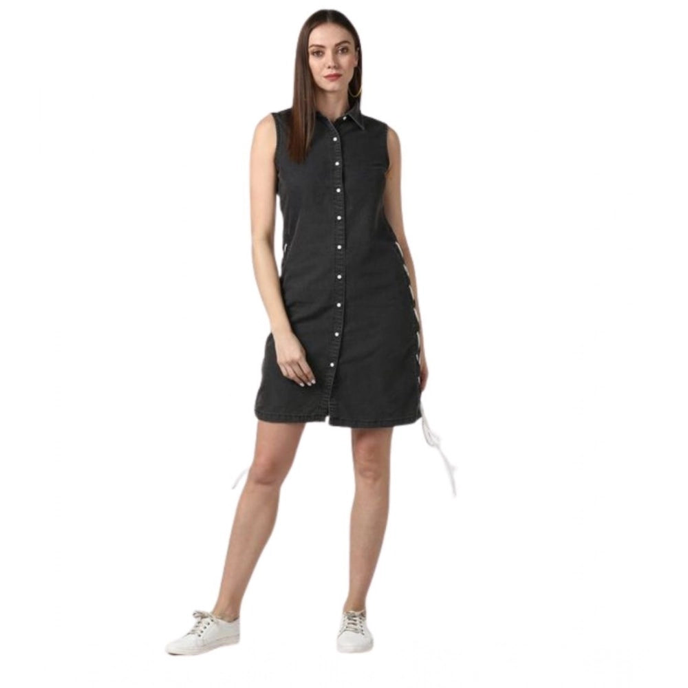Black denim women's sleeveless dress with shirt collar neck, solid pattern above knee length, button closure
