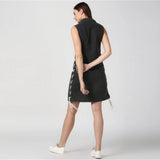 Black denim solid sleeveless dress, women's shirt collar neck style with button closure above knee length