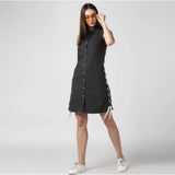 Black denim solid sleeveless dress for women, shirt collar neck, above-knee length, button closure