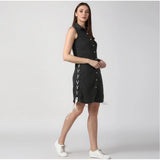 Black denim women's sleeveless dress with shirt collar neck, solid pattern, above-knee length, button closure