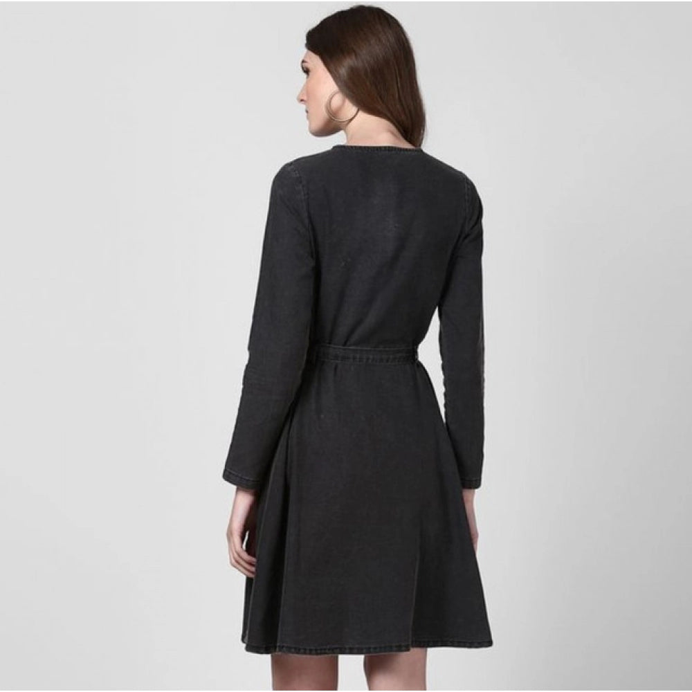 Black denim washed long sleeve dress, women's style with round neck and above knee length