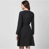 Black denim washed long sleeve dress, women's style with round neck and above knee length