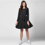 Black denim washed long sleeves dress, round neck, above knee length, button closure