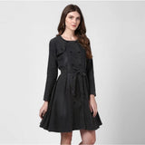 Black denim women's long-sleeve washed dress, round neck, above knee length, button closure