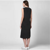 Black denim solid sleeveless dress with button closure, perfect for summer events