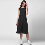 Black denim solid sleeveless dress for women, knee-length with button closure