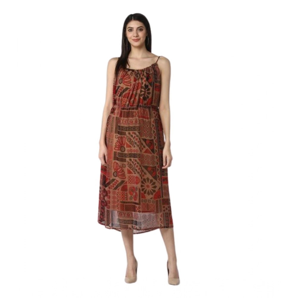 Maroon-brown polyester printed shoulder straps dress with round neck and calf length