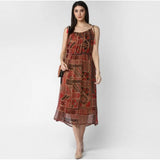 Maroon-Brown polyester printed shoulder straps dress for women, round neck, calf length