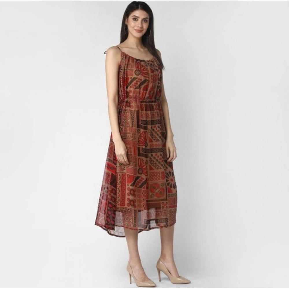 Maroon-Brown printed polyester women's shoulder straps dress with round neck and calf length
