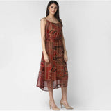 Maroon-Brown printed polyester women's shoulder straps dress with round neck and calf length
