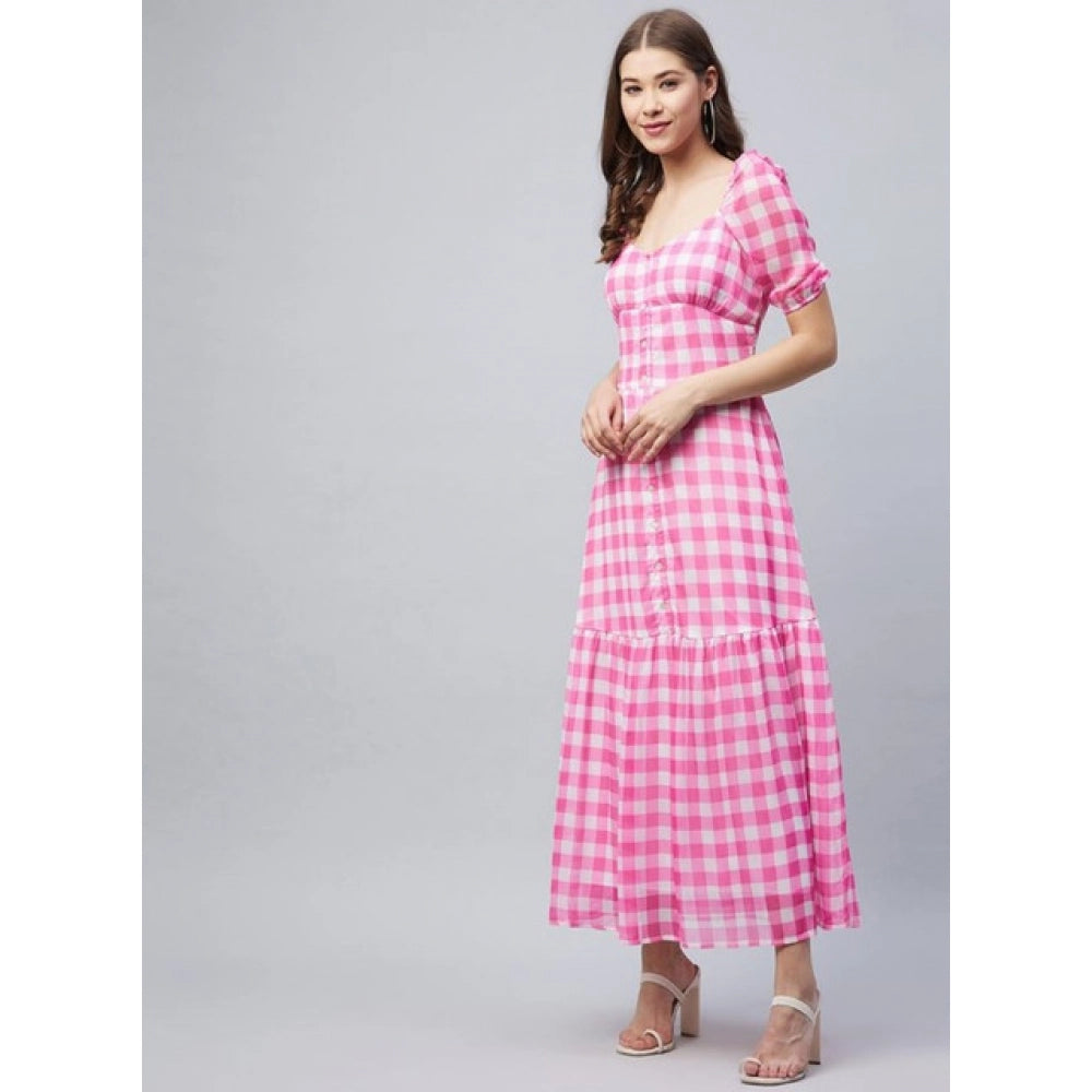 Pink polyester Georgette checkered half-sleeve dress with a sweetheart neckline on a model
