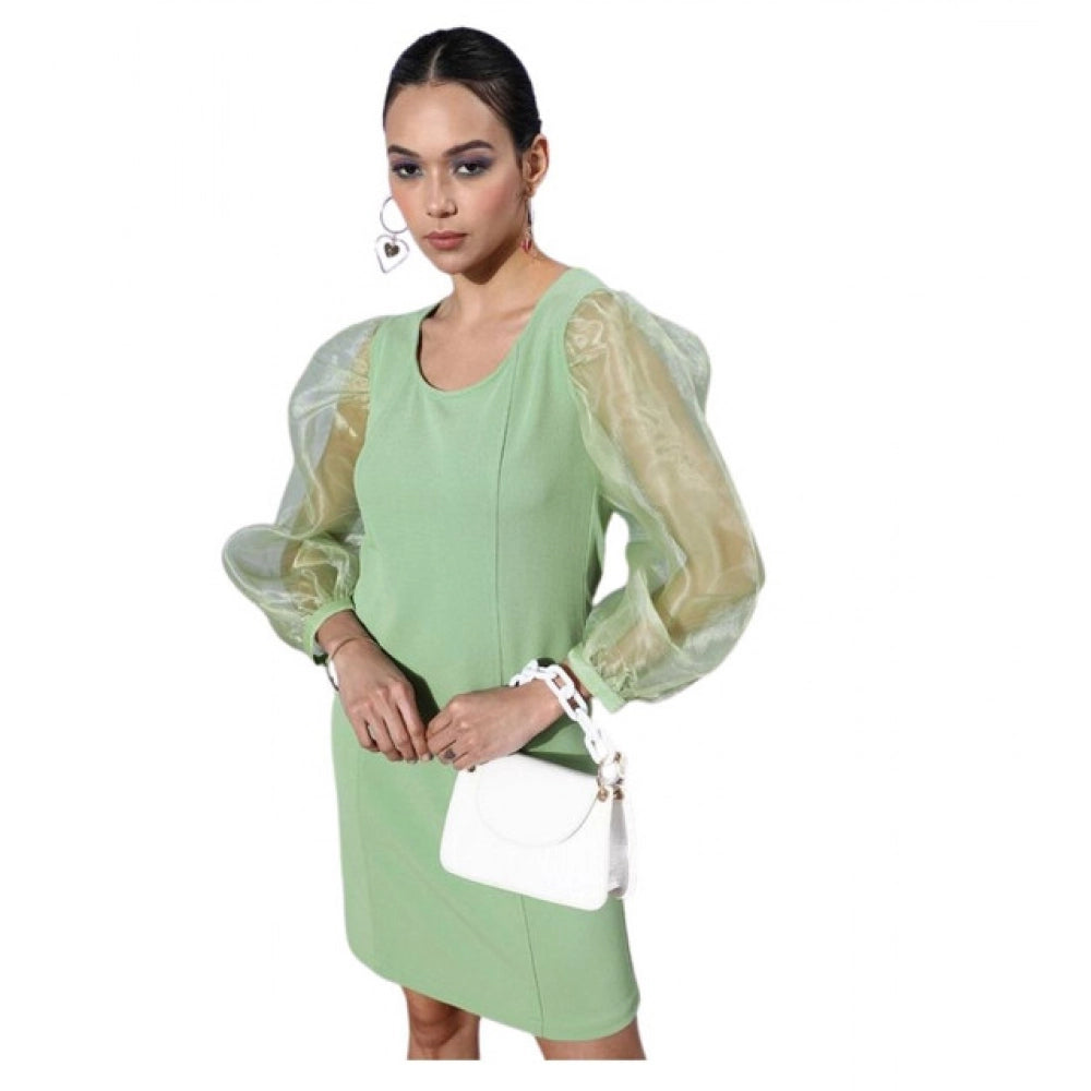Green polyester lycra long sleeves organza dress with round neck and zip closure