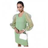 Green polyester lycra long sleeves organza dress with round neck and zip closure