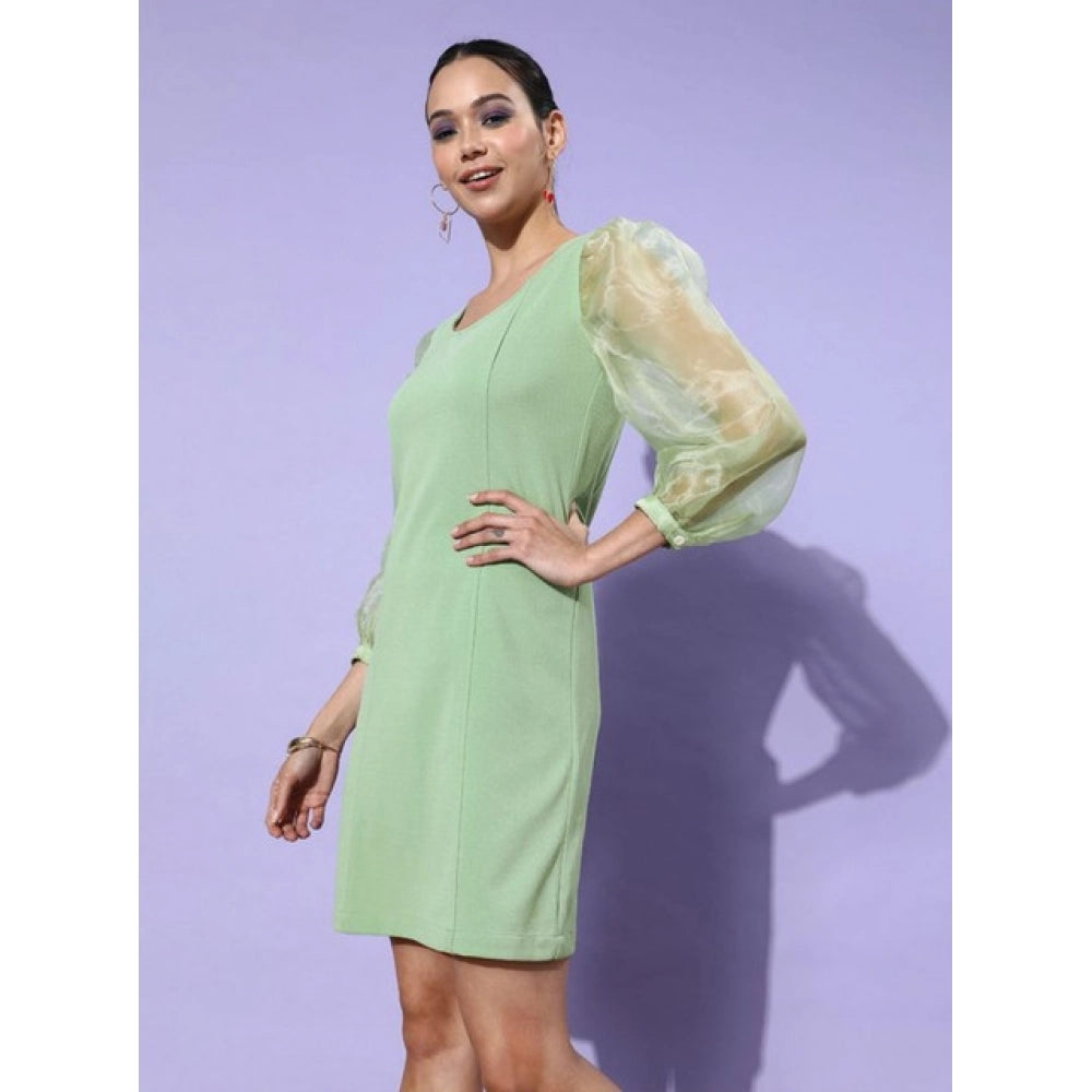 Green polyester lycra long sleeves organza dress for women