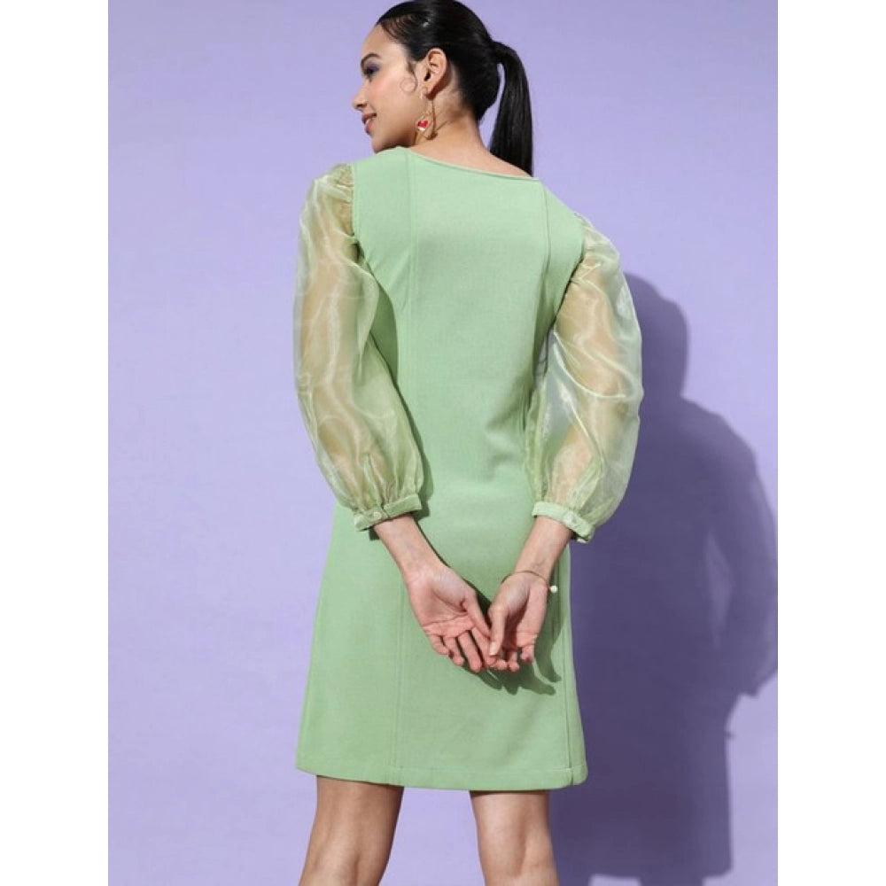 Green polyester lycra long sleeves organza dress with round neck and zip closure
