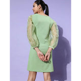 Green polyester lycra long sleeves organza dress with round neck and zip closure