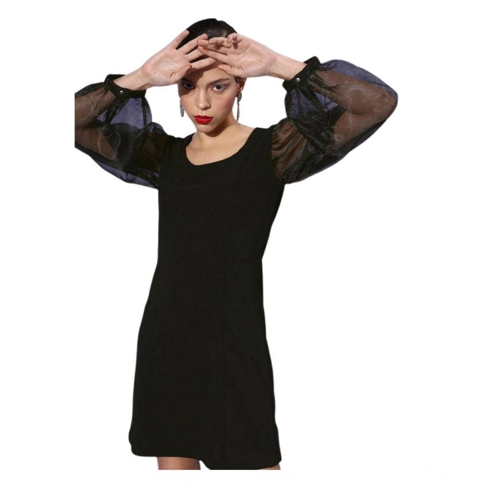 Black polyester lycra organza long sleeve dress for women, solid pattern with round neck