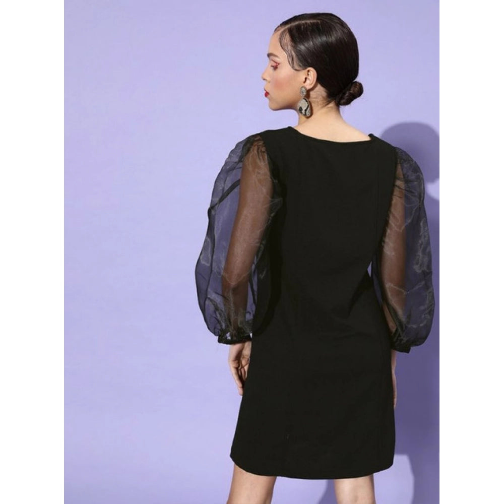 Black polyester lycra organza long sleeves dress for women on model