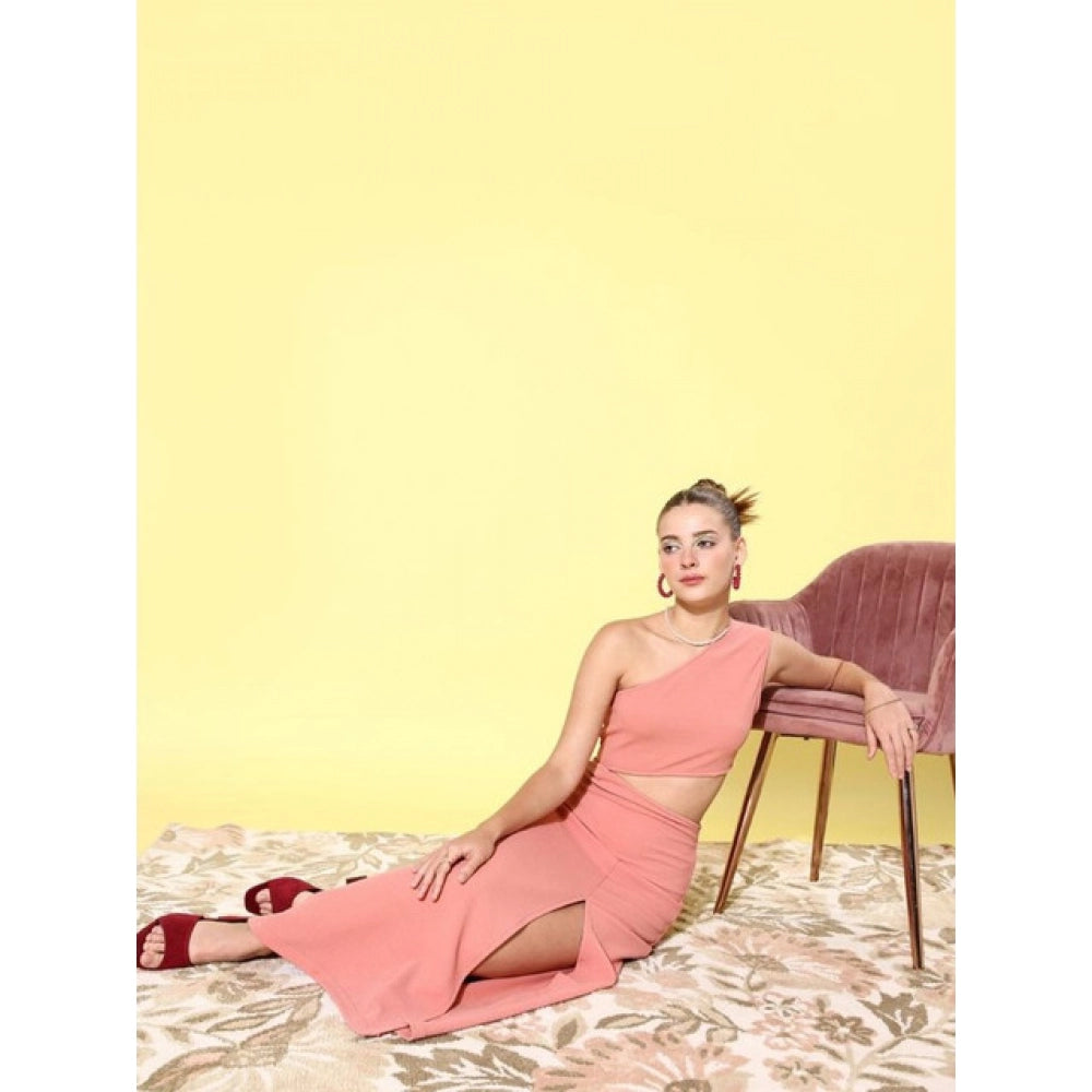 Pink polyester lycra one-shoulder sleeveless women's dress, ankle length solid pink style on mannequin