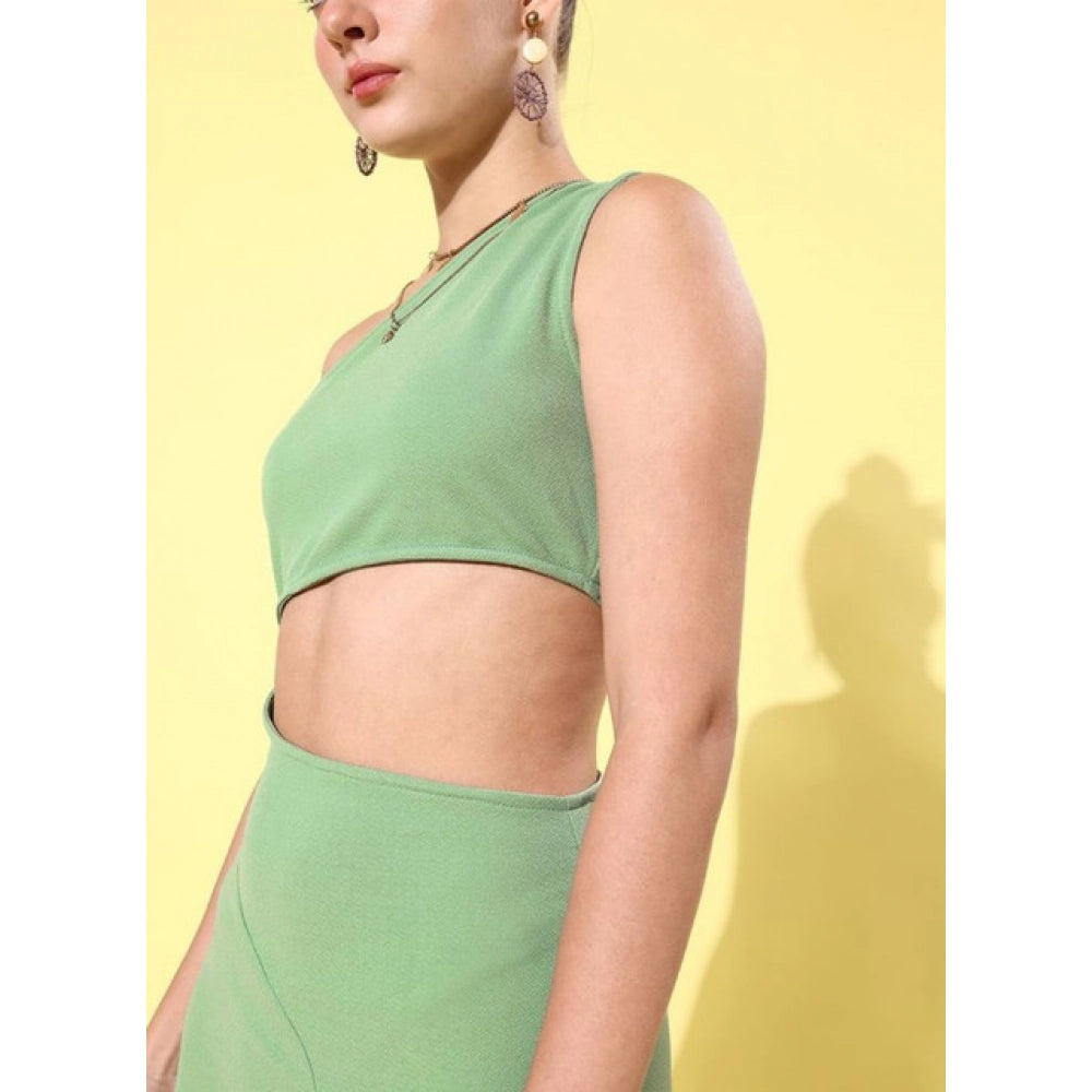 Green polyester lycra one-shoulder sleeveless dress for women